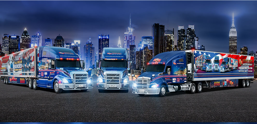 Three Highlight Motor Freight transport trucks in front of New York city