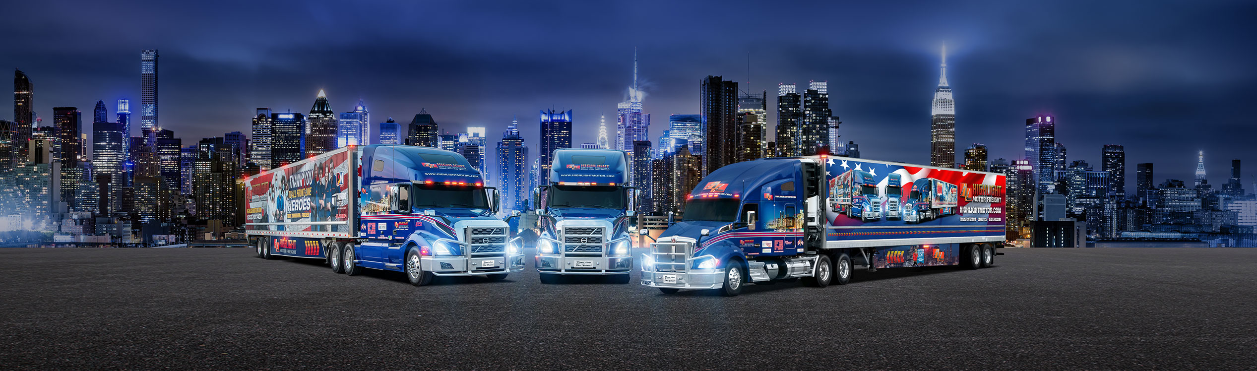 Three Highlight Motor Freight transport trucks in front of New York city