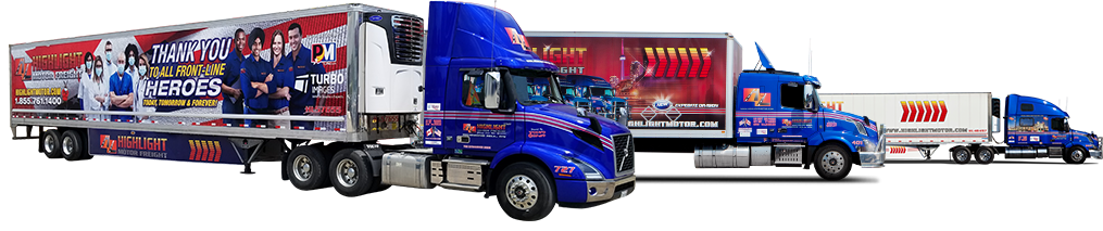 Line up of three different Highlight Motor Freight trucks